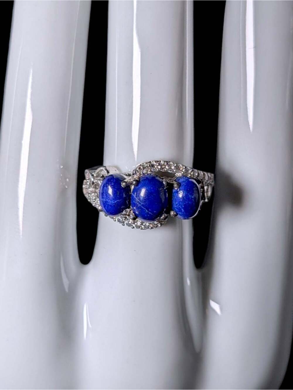 Vintage Genuine Lapis Lazuli and White Topaz Cross Over Sterling Silver Ring